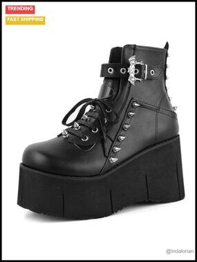 Goth Platform Boots - Wedge Heel Chunky Booties Rave Combat Boots Lace-Up